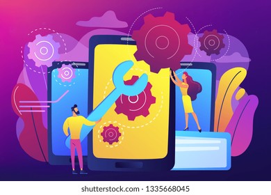 Service technicians with big wrench repairing smartphone screen with gears. Smartphone repair, cell phone service, same day repair concept. Bright vibrant violet vector isolated illustration