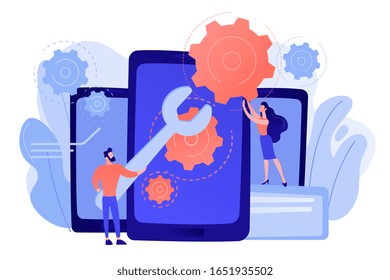 Service technicians with big wrench repairing smartphone screen with gears. Smartphone repair, cell phone service, same day repair concept. Pinkish coral bluevector isolated illustration