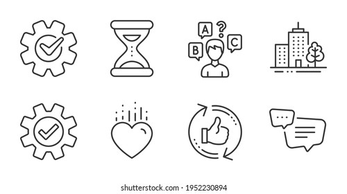 Iconos de línea de servicio, mensaje de texto y rascacielos. Refrescar como, Prueba de test y cardíacas. CogWheel, símbolos de tiempo. Aparatos para el volante, burbuja de chat, arquitectura urbana. Conjunto de negocios. Vector