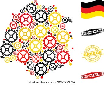 Service Thassos Island map collage and seals. Vector collage is composed from repair service icons in various sizes, and German flag official colors - red, yellow, black.