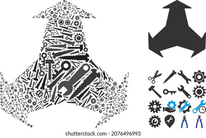 Service three directions composition of service tools. Vector three directions is shaped of gears, spanners, and other tools, and based on three directions icon. Abstraction for technician job.