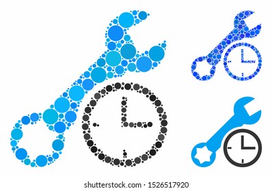 Service time composition for service time icon of round dots in variable sizes and color hues. Vector round dots are grouped into blue illustration.