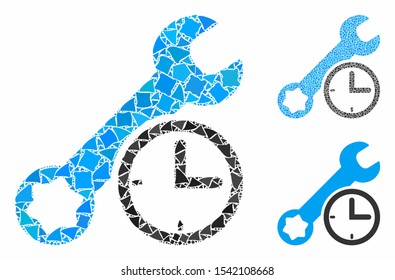 Service time composition of rugged items in variable sizes and color tints, based on service time icon. Vector rugged dots are composed into collage. Service time icons collage with dotted pattern.