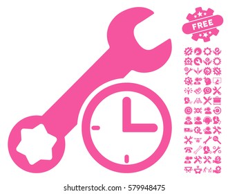 Service Time icon with bonus configuration images. Vector illustration style is flat iconic pink symbols on white background.