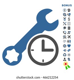 Service Time icon with bonus pictograms. Vector style is bicolor flat iconic symbol with rounded angles, cobalt and gray colors, white background.