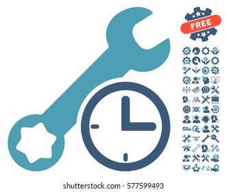 Service Time icon with bonus tools design elements. Vector illustration style is flat iconic cyan and blue symbols on white background.
