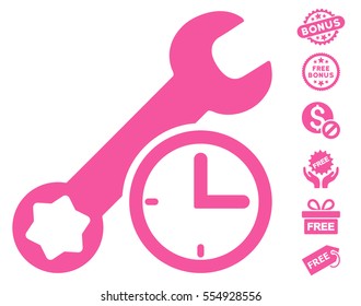 Service Time pictograph with free bonus graphic icons. Vector illustration style is flat iconic symbols, pink color, white background.