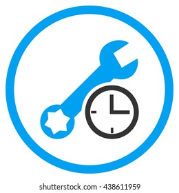 Service Time vector bicolor icon. Image style is a flat icon symbol inside a circle, blue and gray colors, white background.