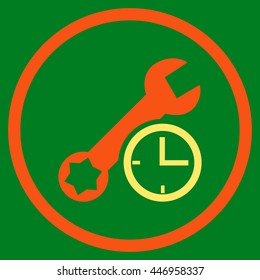 Service Time vector bicolor icon. Image style is a flat icon symbol inside a circle, orange and yellow colors, green background.