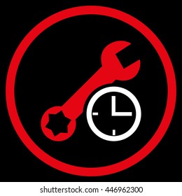 Service Time vector bicolor icon. Image style is a flat icon symbol inside a circle, red and white colors, black background.