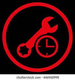 Service Time vector icon. Image style is a flat icon symbol inside a circle, red color, black background.