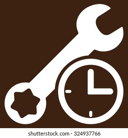 Service Time vector icon. Style is flat symbol, white color, rounded angles, brown background.