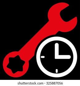 Service Time vector icon. Style is bicolor flat symbol, red and white colors, rounded angles, black background.