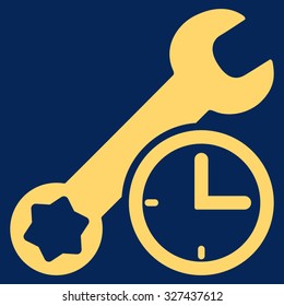 Service Time vector icon. Style is flat symbol, yellow color, rounded angles, blue background.