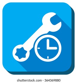 Service Time vector icon. Style is rounded square light blue button with long shadows. Symbol color is white.