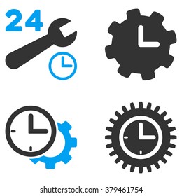 Service Time vector icons. Style is flat bicolored symbols painted with blue and gray colors on a white background, angles are rounded.