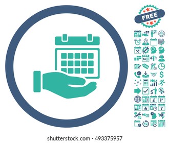 Service Timetable Hand icon with bonus calendar and time management clip art. Vector illustration style is flat iconic bicolor symbols, cobalt and cyan colors, white background.