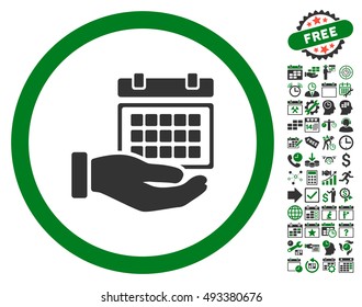 Service Timetable Hand pictograph with bonus calendar and time management pictures. Vector illustration style is flat iconic bicolor symbols, green and gray colors, white background.