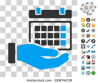 Service Timetable icon with bonus bitcoin mining and blockchain pictograms. Vector illustration style is flat iconic symbols. Designed for bitcoin apps.