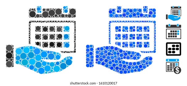 Service timetable mosaic of filled circles in different sizes and color tones, based on service timetable icon. Vector filled circles are grouped into blue illustration.