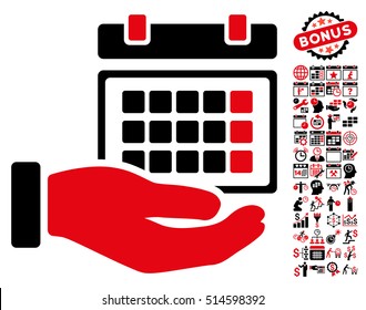 Service Timetable pictograph with bonus calendar and time management clip art. Vector illustration style is flat iconic bicolor symbols, intensive red and black colors, white background.