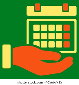 Service Timetable vector icon. Style is bicolor flat symbol, orange and yellow colors, rounded angles, green background.