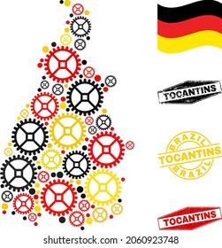 Service Tocantins State map collage and seals. Vector collage is composed of service items in different sizes, and German flag official colors - red, yellow, black.