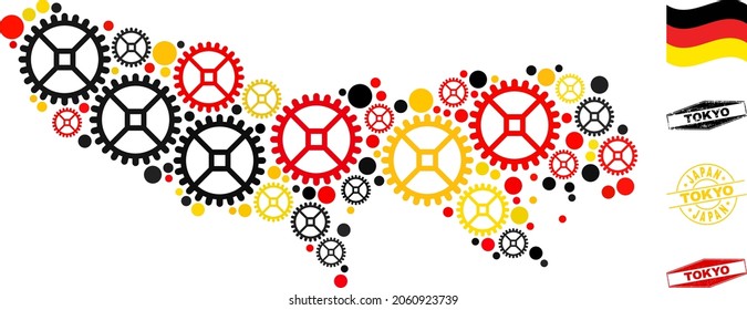 Service Tokyo Prefecture map composition and stamps. Vector collage is created with repair service elements in different sizes, and Germany flag official colors - red, yellow, black.