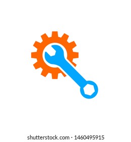 Service tool icon. This isolated flat gear symbol uses light blue and orange modern companies. Gear and wrench vector logo template concept illustration in flat style. Support icon. Setting flat icon.