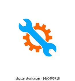 Service tool icon. This isolated flat gear symbol uses light blue and orange modern companies. Gear and wrench vector logo template concept illustration in flat style. Support icon. Setting flat icon.
