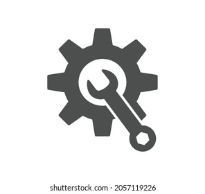 Service tool icon. This isolated flat gear symbol uses modern corporation light blue and gray colors.