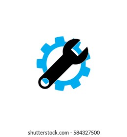 Service tool icon. This isolated flat gear symbol uses modern corporation light blue and black colors.