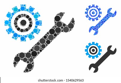 Service tools composition of filled circles in variable sizes and shades, based on service tools icon. Vector filled circles are united into blue composition.