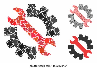 Service tools composition of rugged pieces in variable sizes and color tones, based on service tools icon. Vector rugged pieces are combined into illustration.