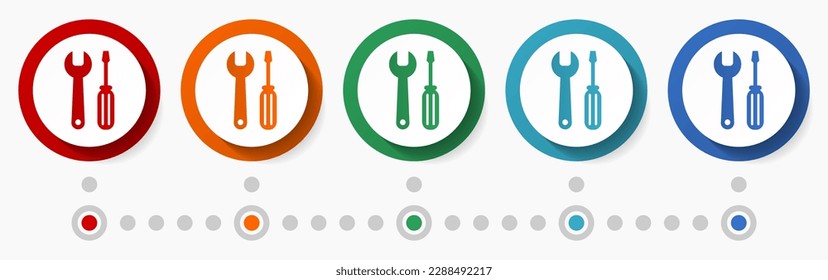 Service, tools concept vector icon set, flat design colorful buttons, infographic template in 5 color options
