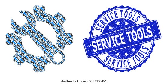 Service Tools corroded round stamp seal and vector recursion mosaic service tools. Blue stamp seal includes Service Tools tag inside round shape.
