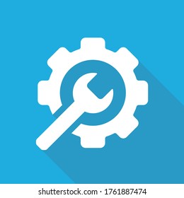 Service tools flat vector icon. Gear and wrench on blue background.