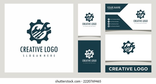Service Tools with gear Logo design template with business card design
