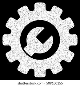 Service Tools grainy textured icon for overlay watermark stamps. Flat symbol with unclean texture. Dotted vector white ink rubber seal stamp with grunge design on a black background.