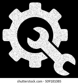 Service Tools grainy textured icon for overlay watermark stamps. Flat symbol with dirty texture. Dotted vector white ink rubber seal stamp with grunge design on a black background.