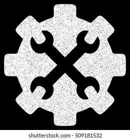 Service Tools grainy textured icon for overlay watermark stamps. Flat symbol with unclean texture. Dotted vector white ink rubber seal stamp with grunge design on a black background.