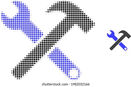 Service tools halftone dotted icon illustration. Halftone array contains round points. Vector illustration of service tools icon on a white background. Flat abstraction for service tools pictogram.