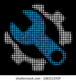 Service tools halftone vector icon. Illustration style is pixel iconic service tools symbol on a black background. Halftone structure is constructed with round pixels.