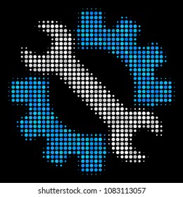 Service tools halftone vector icon. Illustration style is pixelated iconic service tools symbol on a black background. Halftone structure is created with spheric cells.