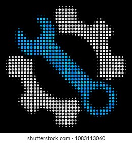 Service tools halftone vector icon. Illustration style is dotted iconic service tools symbol on a black background. Halftone texture is created from spheric pixels.