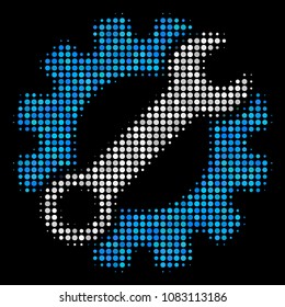 Service tools halftone vector icon. Illustration style is dot iconic service tools symbol on a black background. Halftone pattern is build with round items.