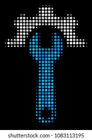 Service tools halftone vector icon. Illustration style is pixel iconic service tools symbol on a black background. Halftone pattern is constructed from circle blots.