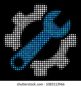 Service tools halftone vector icon. Illustration style is dot iconic service tools symbol on a black background. Halftone matrix is constructed of circle points.