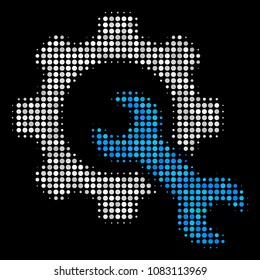 Service tools halftone vector icon. Illustration style is dot iconic service tools symbol on a black background. Halftone matrix is constructed with round blots.