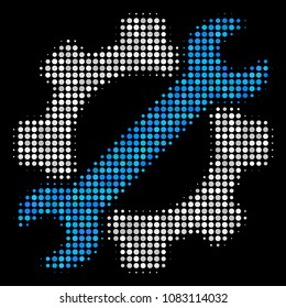 Service tools halftone vector icon. Illustration style is pixelated iconic service tools symbol on a black background. Halftone pattern is created from spheric blots.